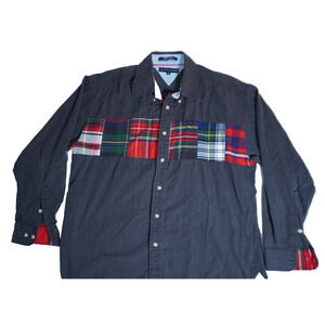 Tommy Hilfiger mens plaid patchwork cotton gray shirt western casual business XL
